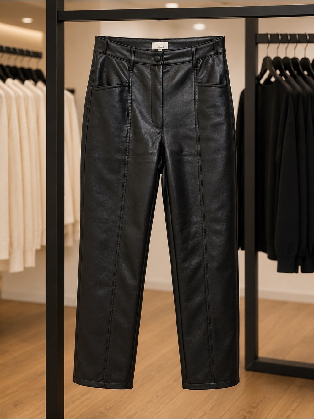 Wilfred Black Faux Leather Pants with Button Waist